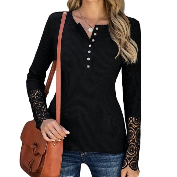 Unbranded Tops - Black Crochet Lace Hem Sleeve Button Top